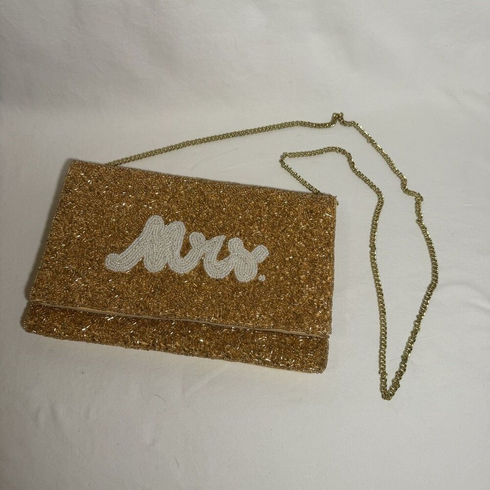 Beaded Bridal Wedding “MRS” Clutch Purse Bag With Gold Chain Shoulder Strap